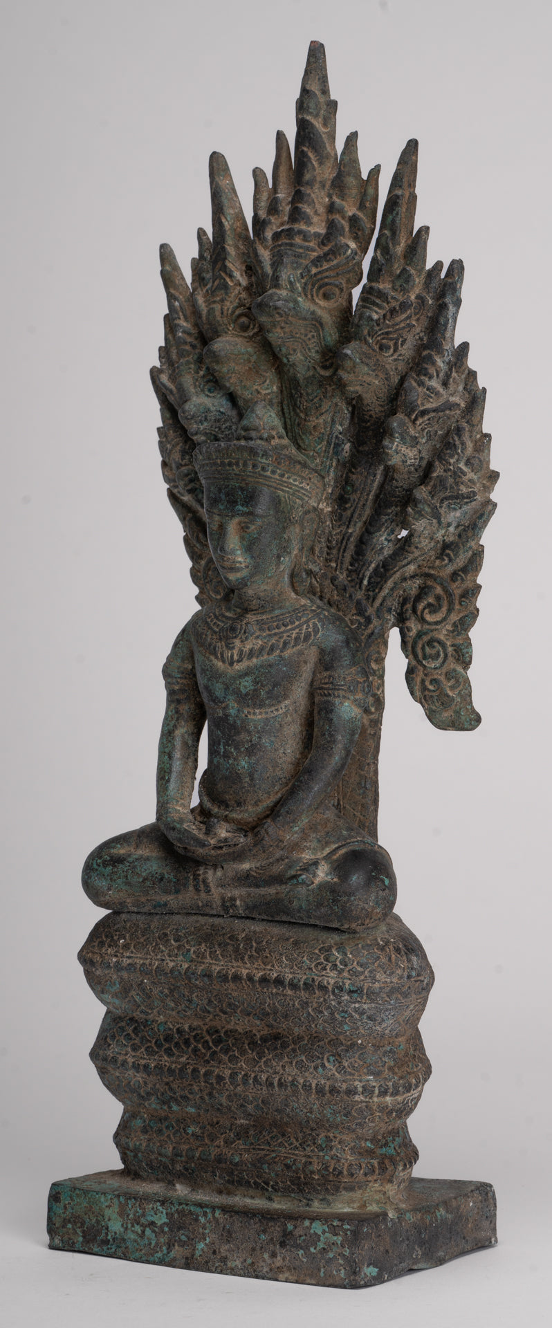 Buddha Statue - Antique Bayon Style Khmer Seated Bronze Naga Meditation Buddha - 37cm/15"