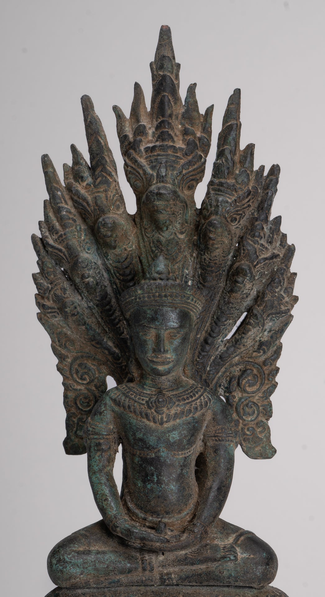 Buddha Statue - Antique Bayon Style Khmer Seated Bronze Naga Meditation Buddha - 37cm/15"
