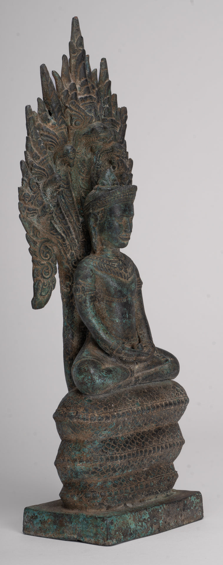 Buddha Statue - Antique Bayon Style Khmer Seated Bronze Naga Meditation Buddha - 37cm/15"