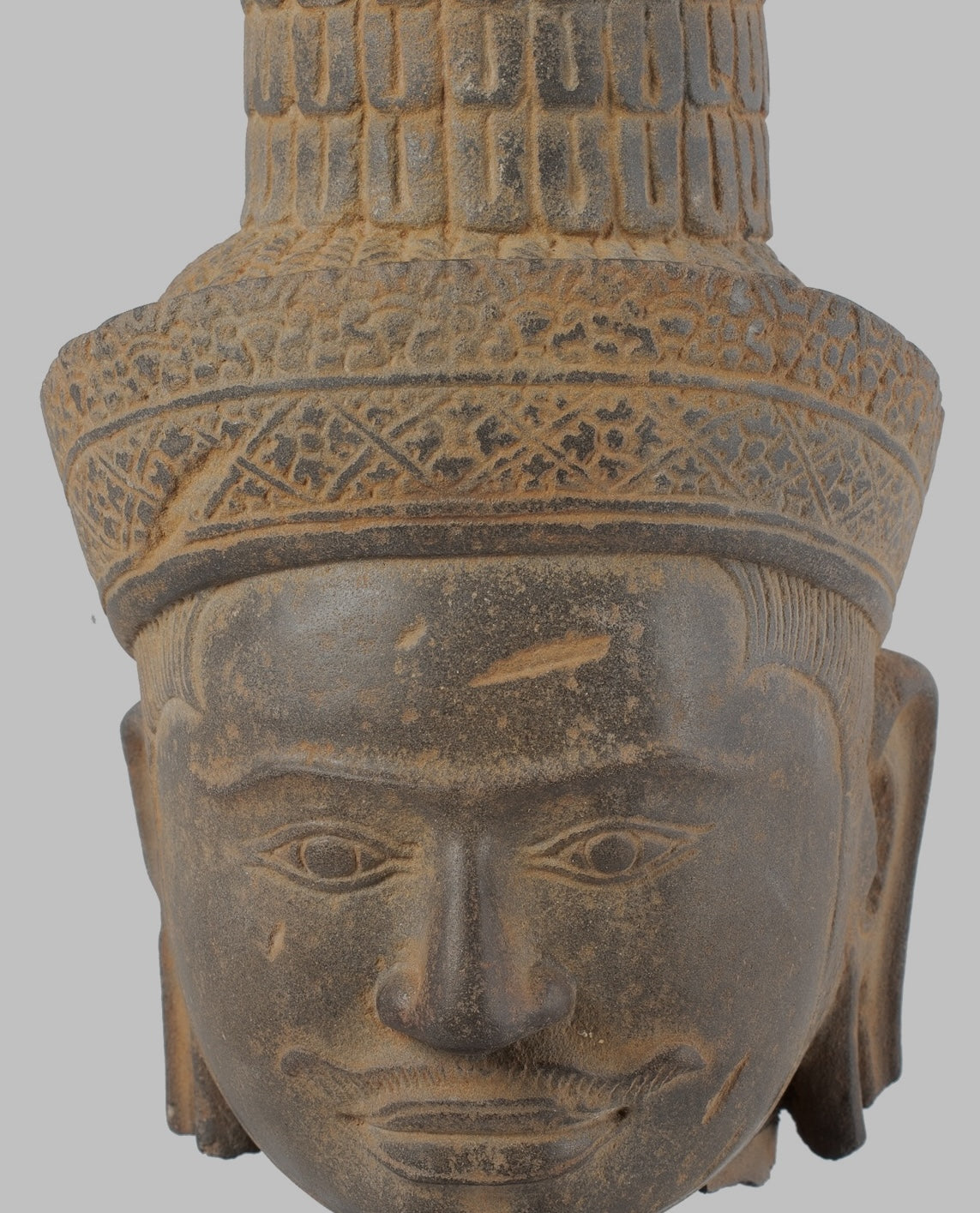 Antique Koh Ker Style Stone Mounted Khmer Vishnu Head - 28cm / 11"