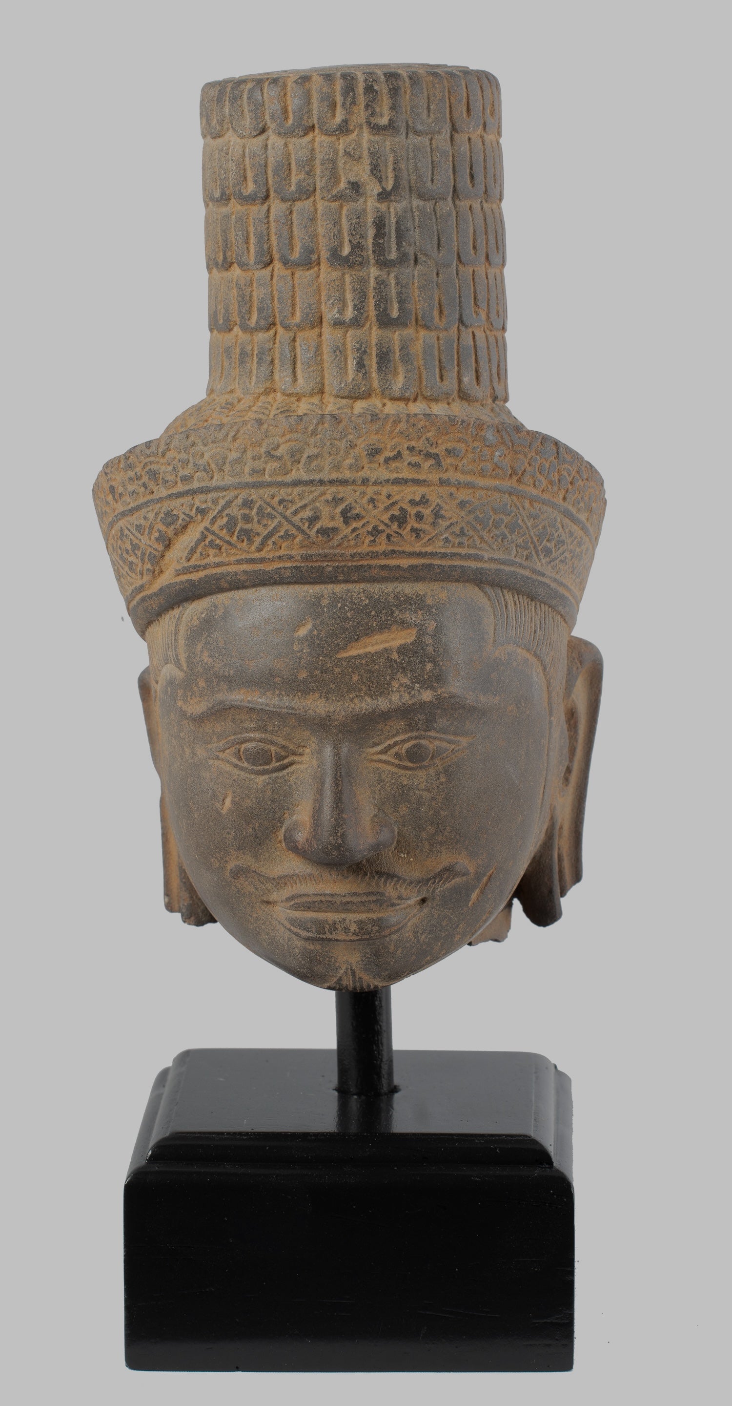 Antique Koh Ker Style Stone Mounted Khmer Vishnu Head - 28cm / 11"