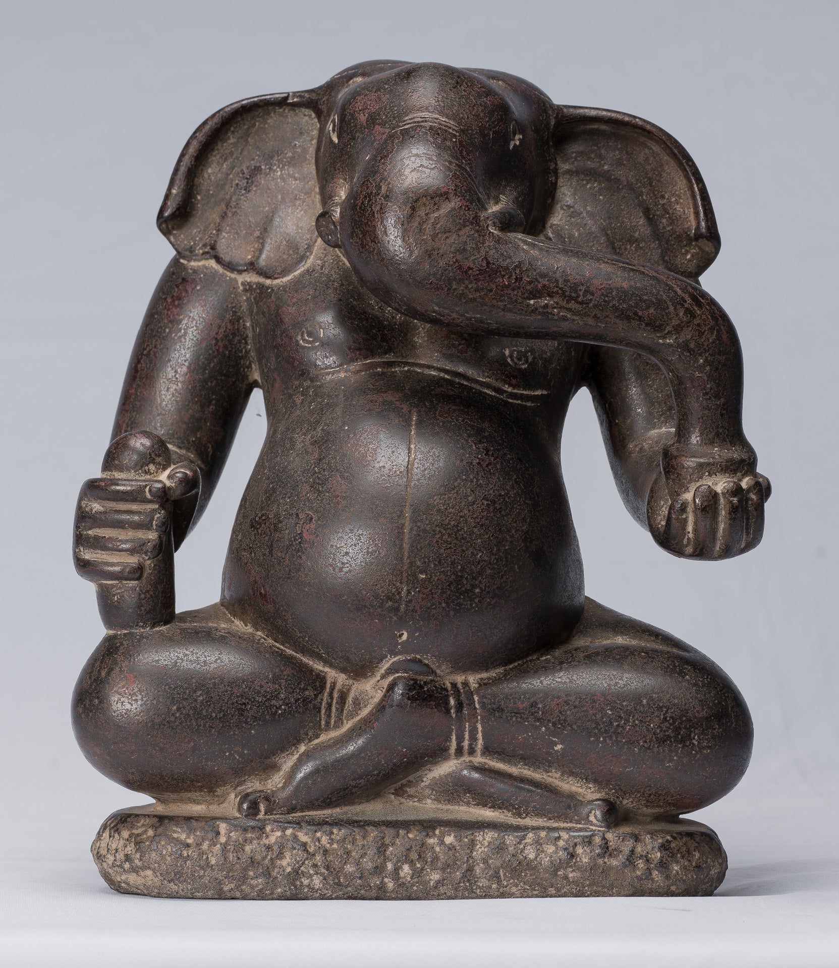 Antique Cham Style Vietnamese Seated Stone Ganesha Statue - 31cm/12"