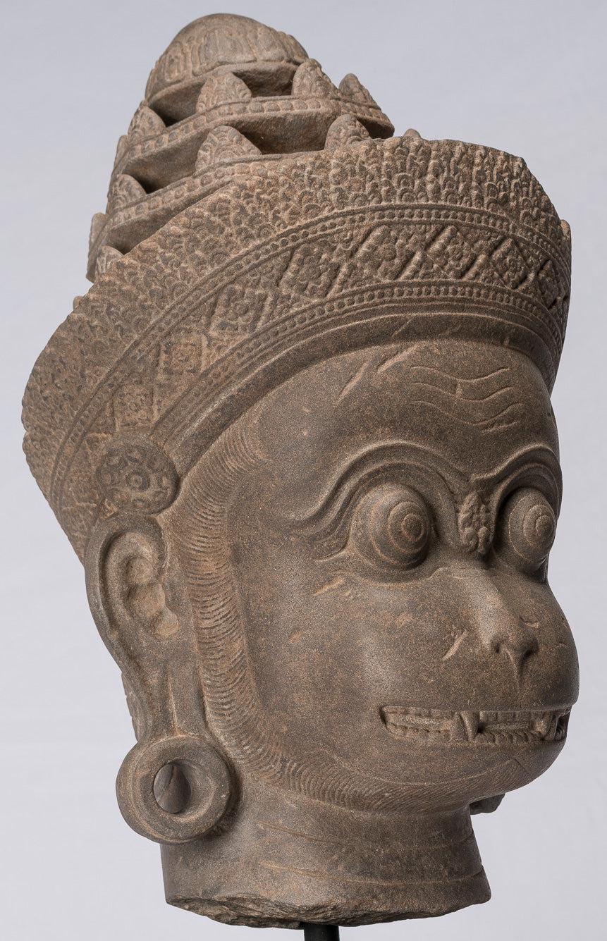 Antique Khmer Style Stone Banteay Srei Hindu God Hanuman Statue-56cm/22 " Tall