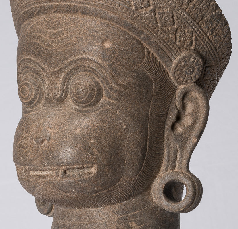 Antique Khmer Style Stone Banteay Srei Hindu God Hanuman Statue-56cm/22 " Tall