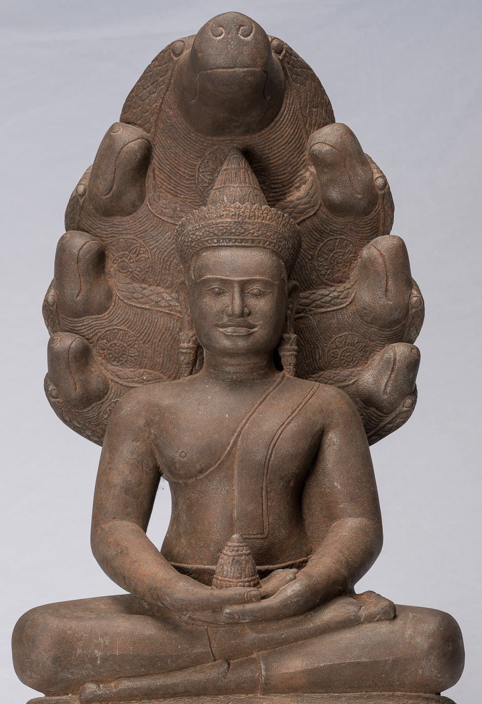 Buddha Statue - Antique Bayon Style Khmer Stone Seated Naga Meditation Buddha - 67cm/27"