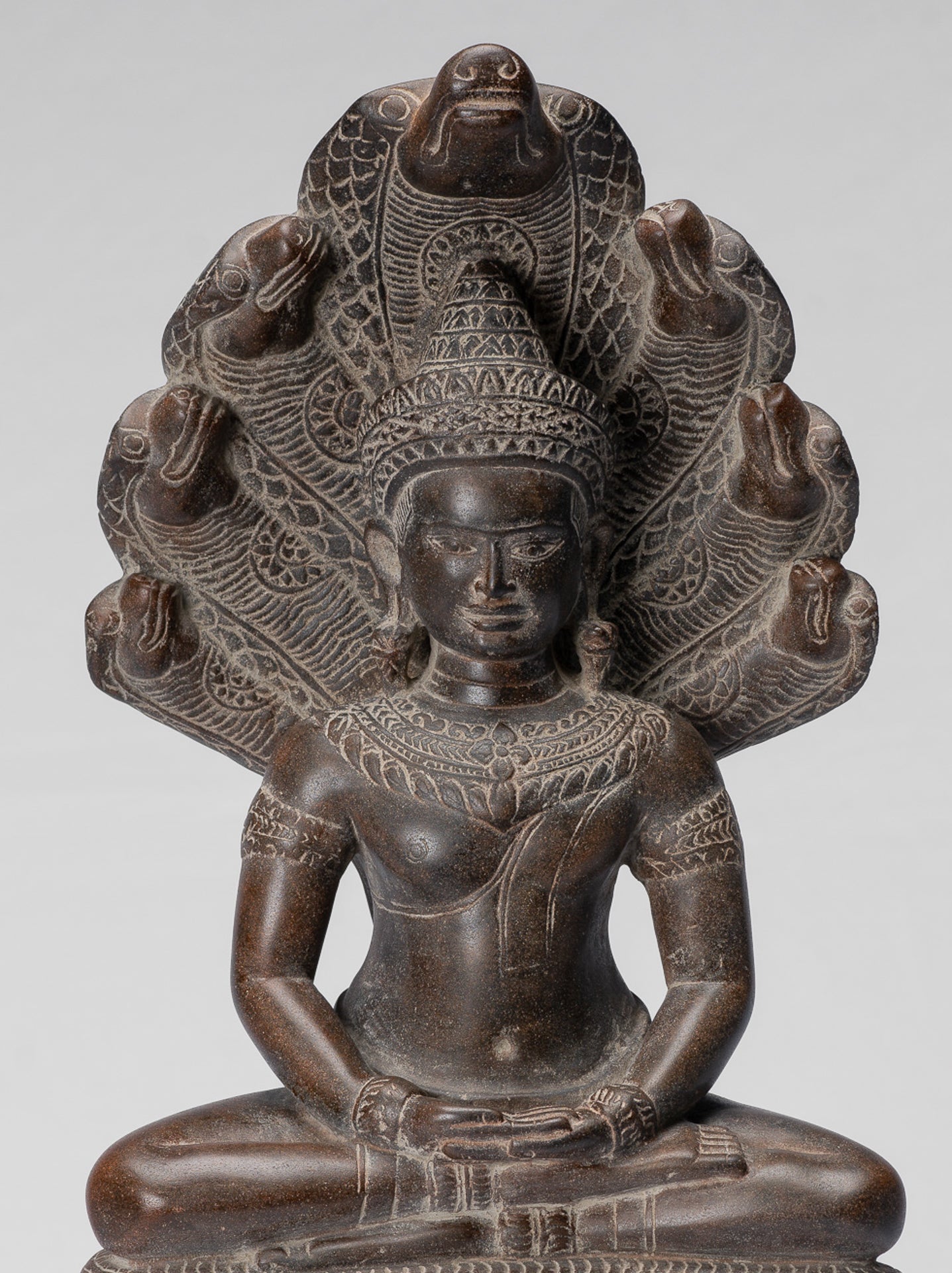 Buddha Statue - Antique Bayon Style Khmer Stone Seated Naga Meditation Buddha - 38cm/15"