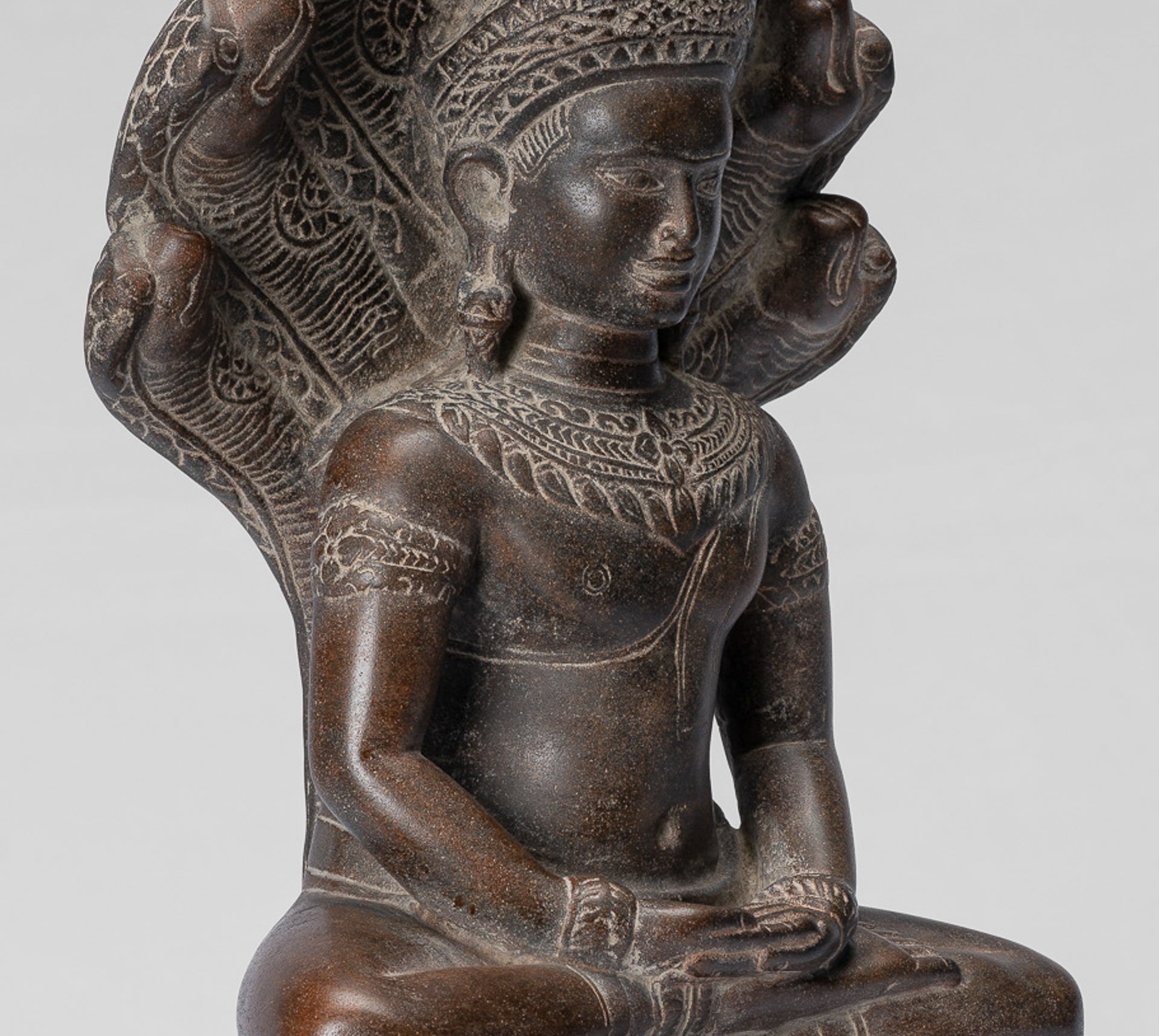 Buddha Statue - Antique Bayon Style Khmer Stone Seated Naga Meditation Buddha - 38cm/15"
