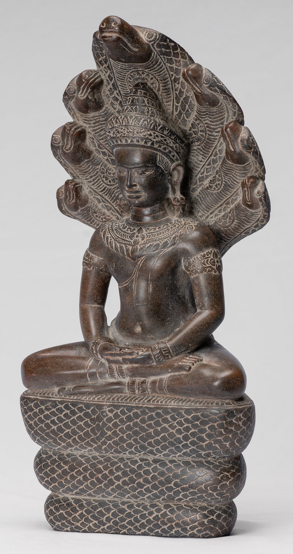 Buddha Statue - Antique Bayon Style Khmer Stone Seated Naga Meditation Buddha - 38cm/15"