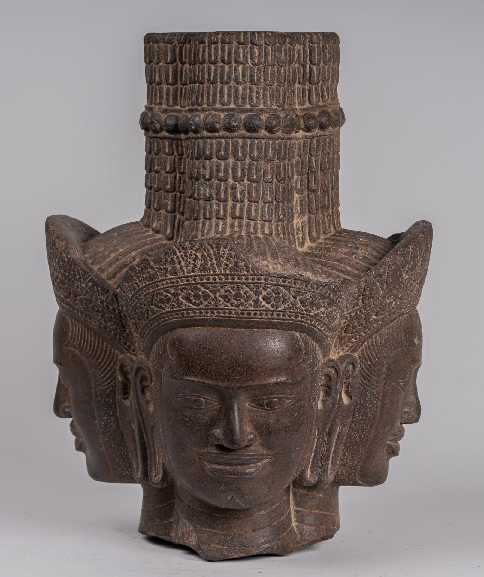 Statua Brahma - Antique Khmer Style Koh Ker Stone Brahma Head - Hindu God Creation - 42cm/17 "