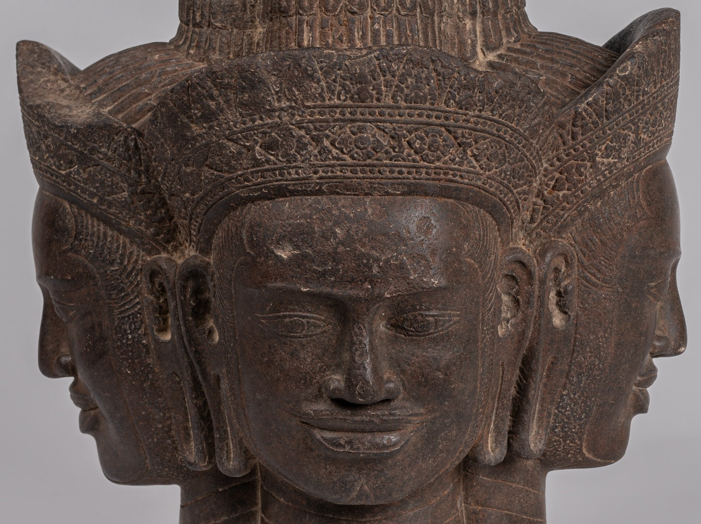 Statua Brahma - Antique Khmer Style Koh Ker Stone Brahma Head - Hindu God Creation - 42cm/17 "