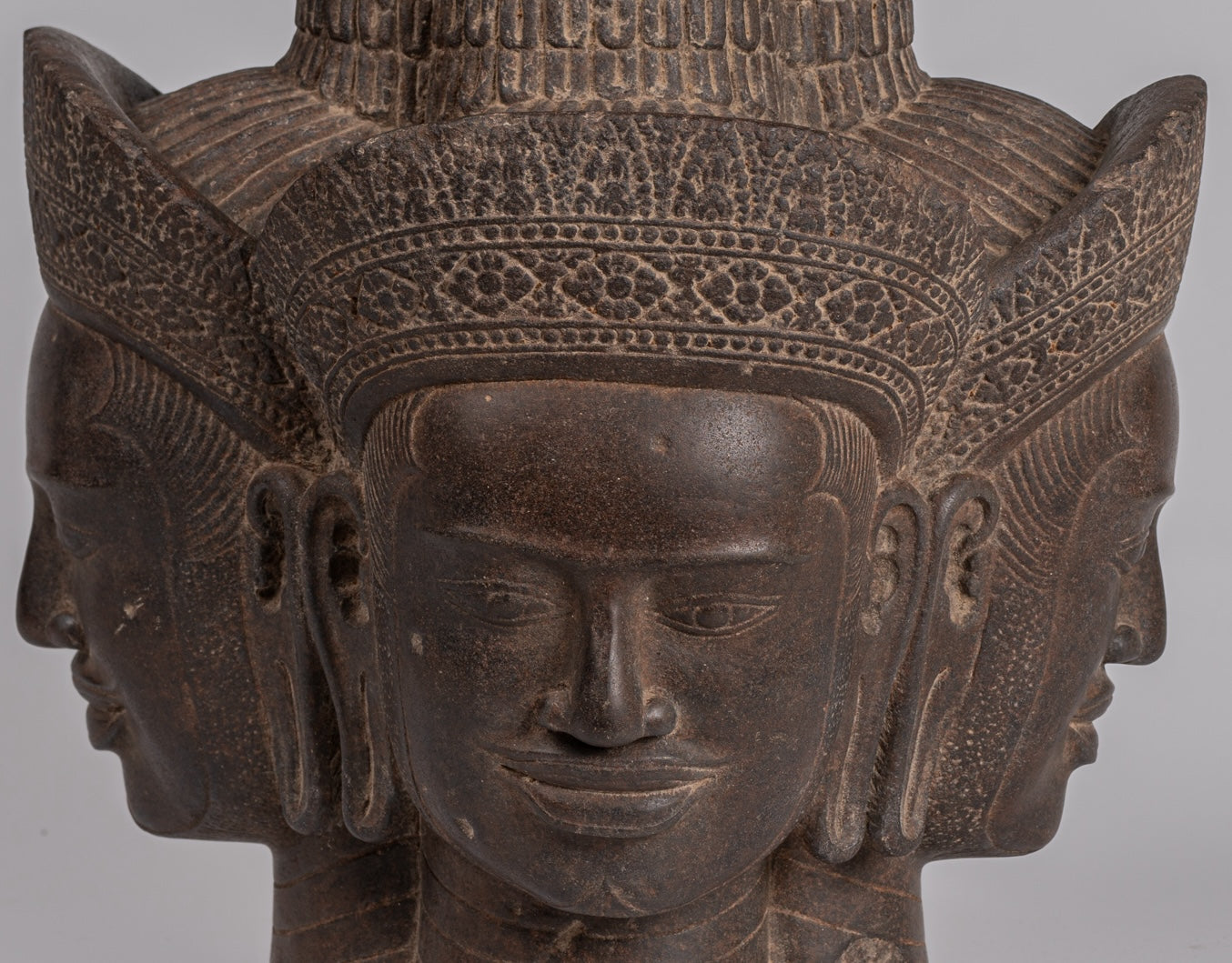 Statua Brahma - Antique Khmer Style Koh Ker Stone Brahma Head - Hindu God Creation - 42cm/17 "