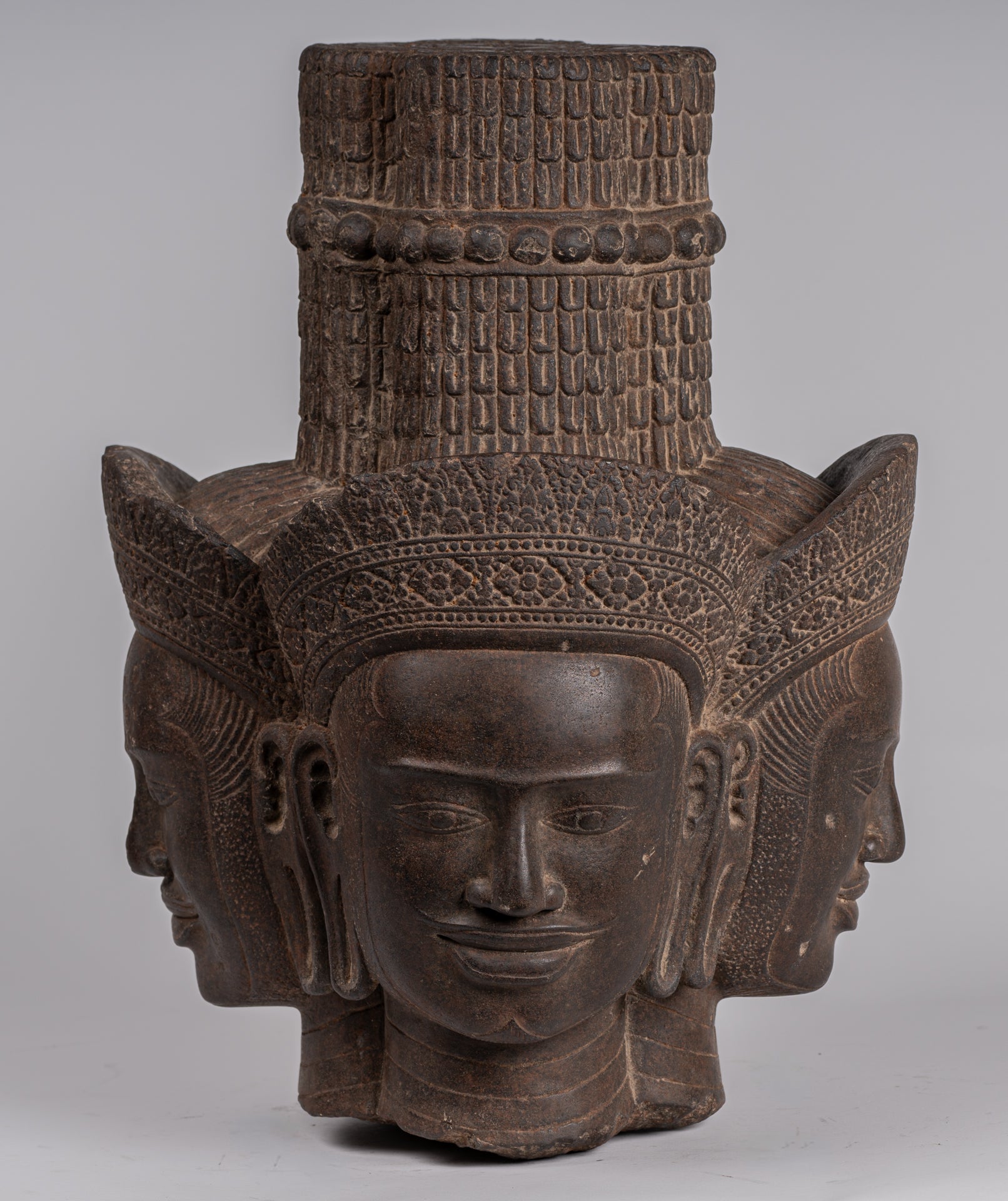 Statua Brahma - Antique Khmer Style Koh Ker Stone Brahma Head - Hindu God Creation - 42cm/17 "