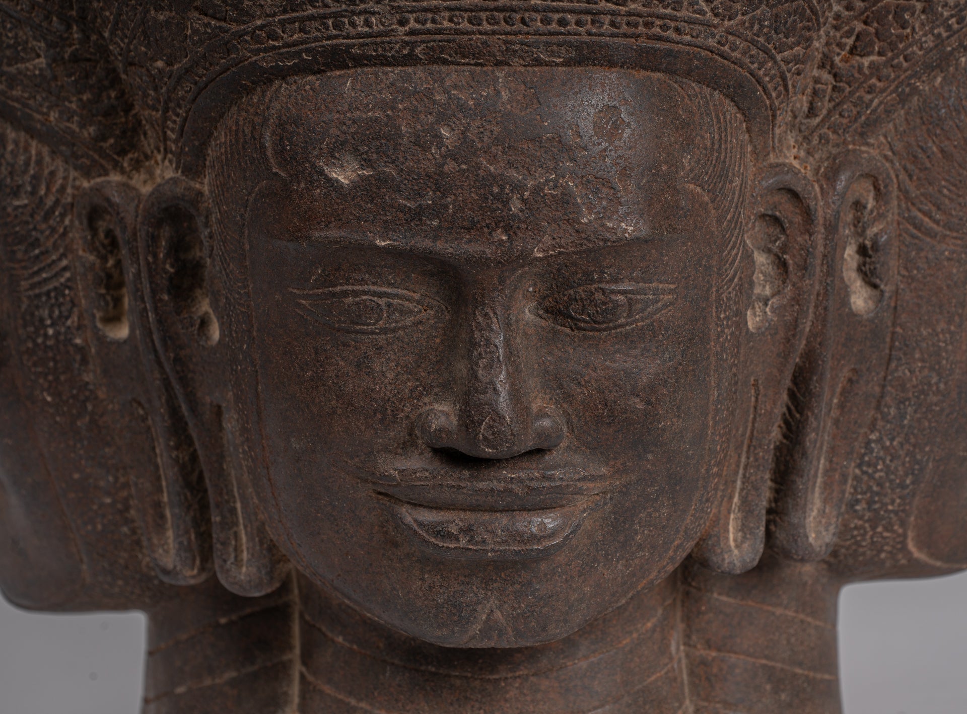 Statua Brahma - Antique Khmer Style Koh Ker Stone Brahma Head - Hindu God Creation - 42cm/17 "