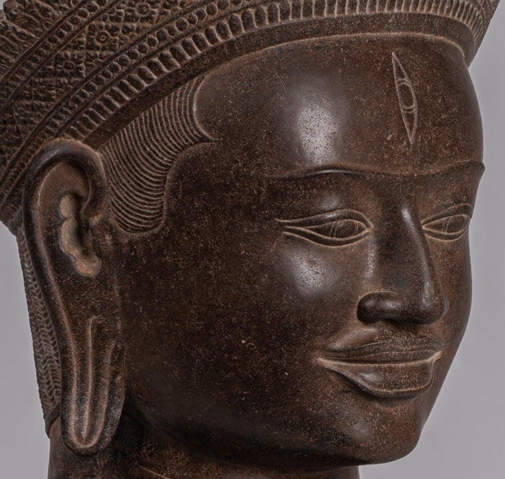 Statua Shiva - Antique Koh Ker Style Khmer Stone Shiva Head Statue - The Destroyer - 54cm/22 "