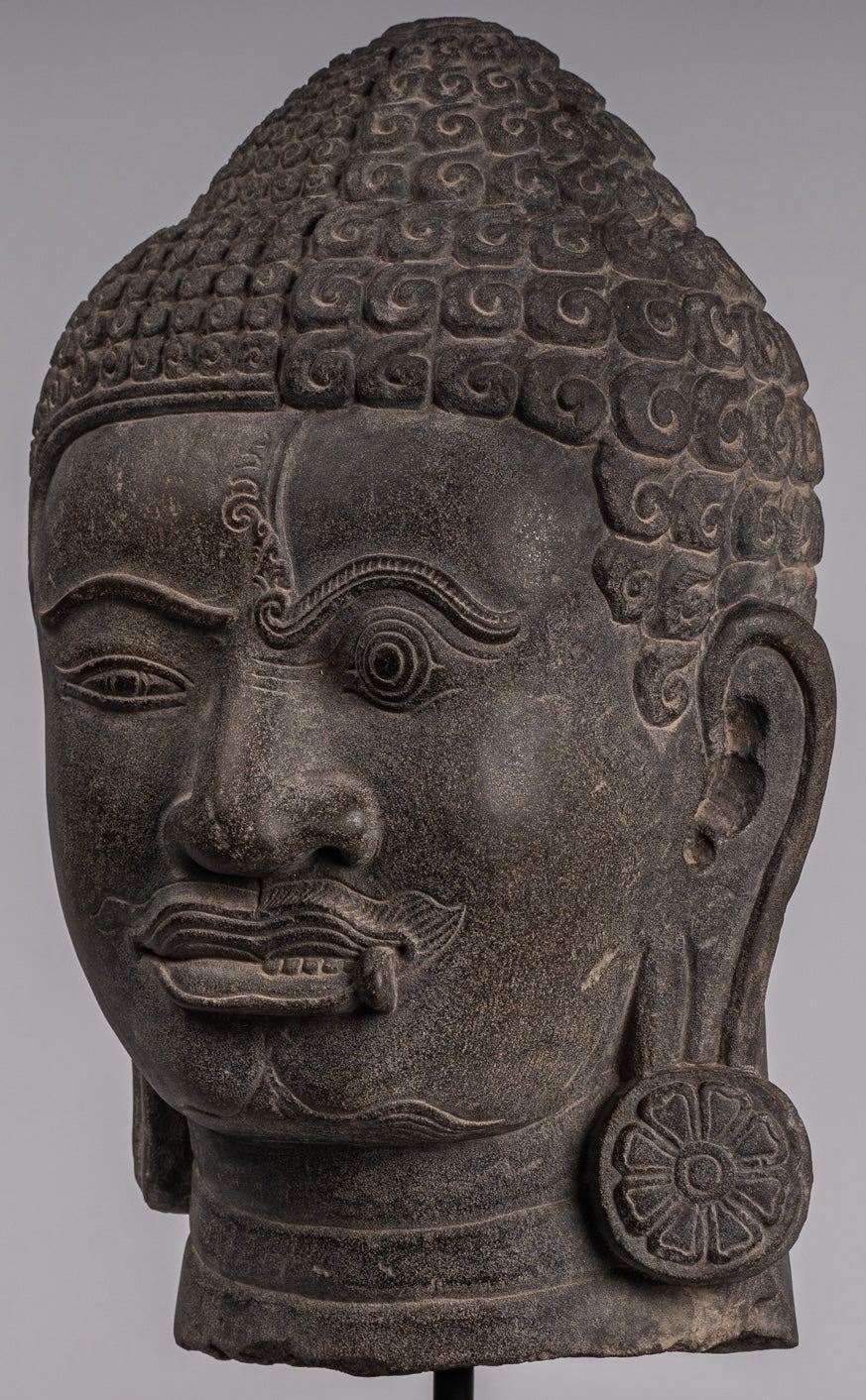 Shiva Statue - Antique Khmer Style Grey Stone Yaksha & Yakshaswaroop Shiva Head - 48cm/19"