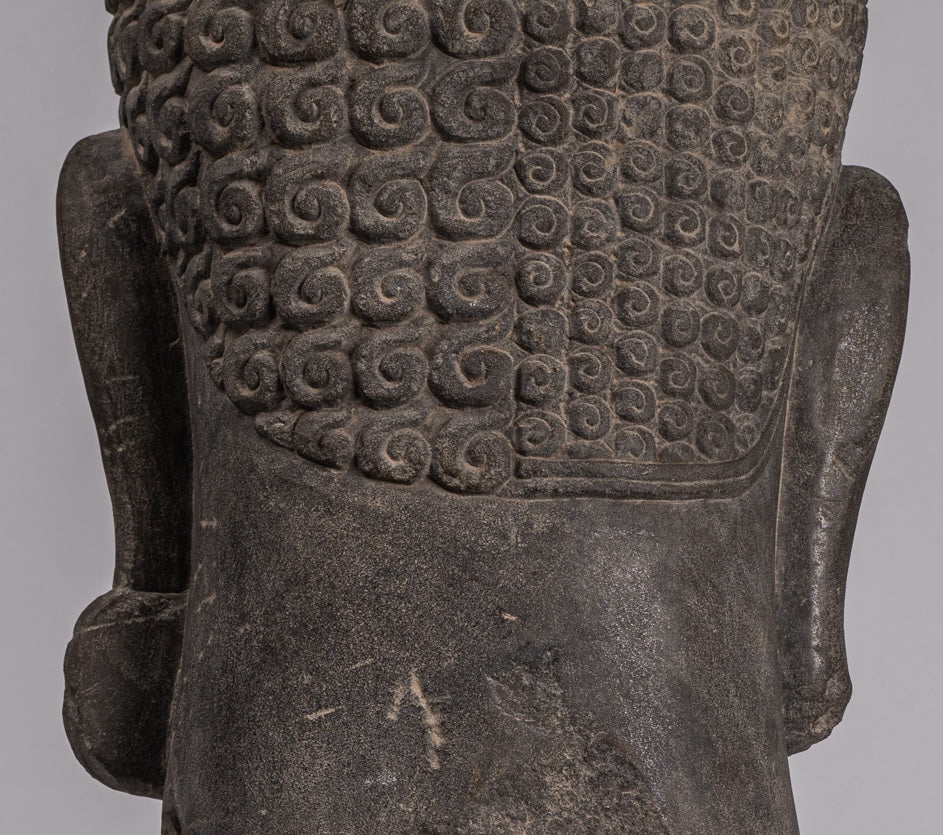 Shiva Statue - Antique Khmer Style Grey Stone Yaksha & Yakshaswaroop Shiva Head - 48cm/19"