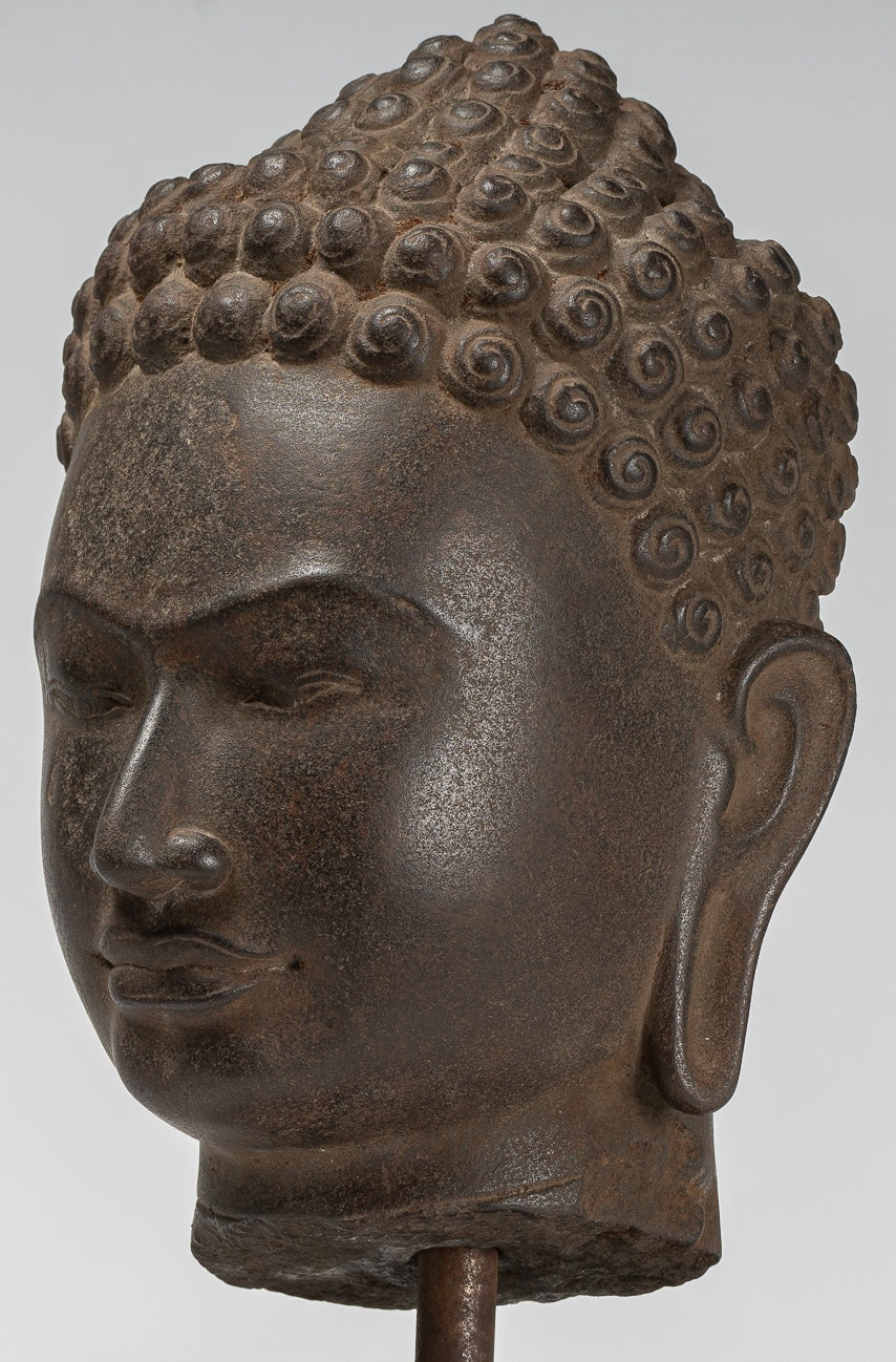 Buddha Statue - Antique Dvaravati Style Thai Stone Buddha Head Statue - 41cm/16"