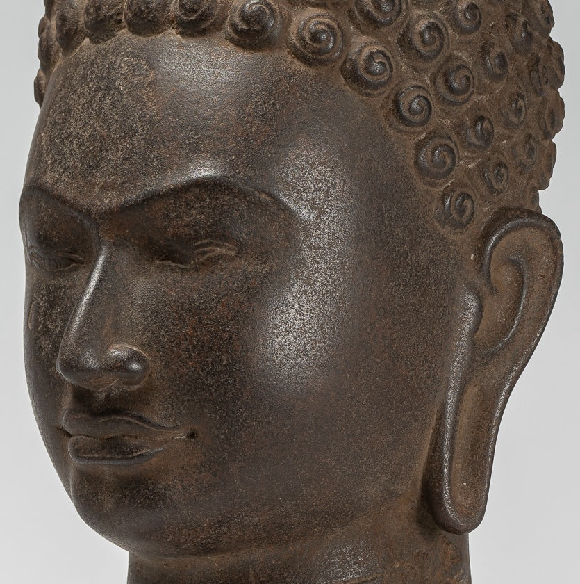 Buddha Statue - Antique Dvaravati Style Thai Stone Buddha Head Statue - 41cm/16"