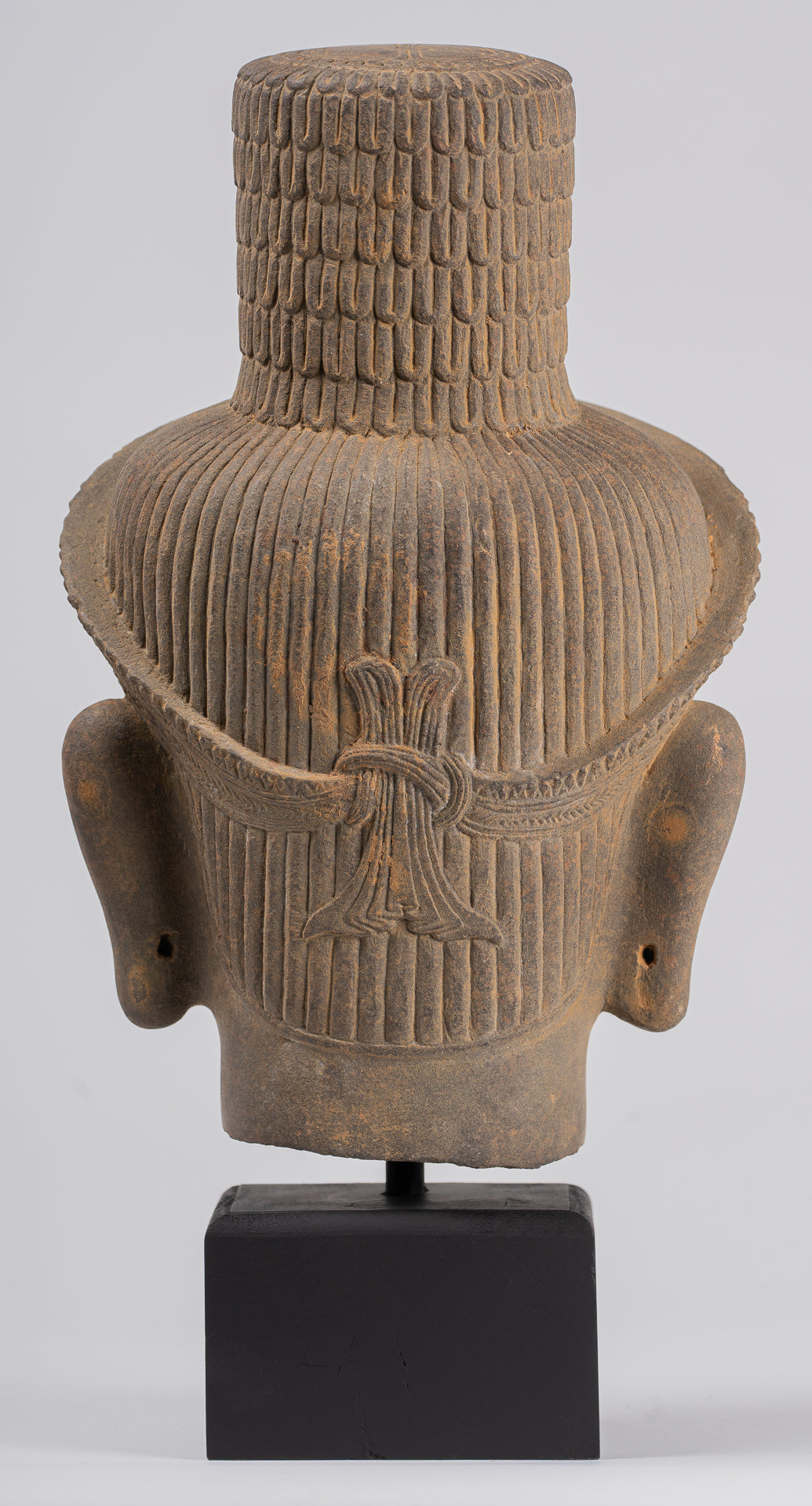 Vishnu Statue - Antique Koh Ker Style Stone Mounted Khmer Vishnu Head - 43cm / 17"