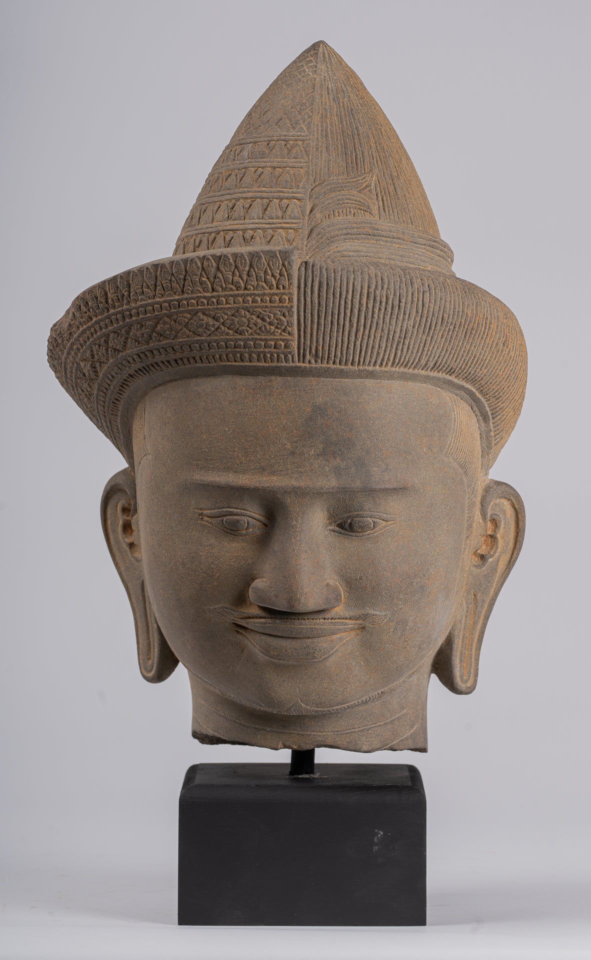 Vishnu Statue - Antique Baphuon Style Stone Mounted Khmer Vishnu Head - 43cm / 17"