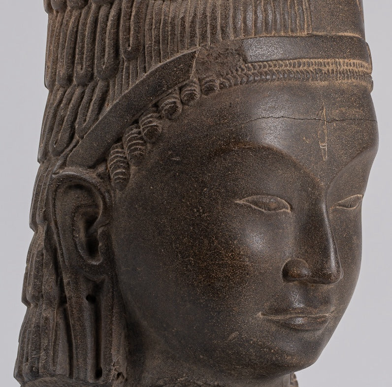 Vishnu Statue - Antique Phnom Da Style Stone Khmer Hari Hara or Vishnu & Shiva Head - 44cm/18"