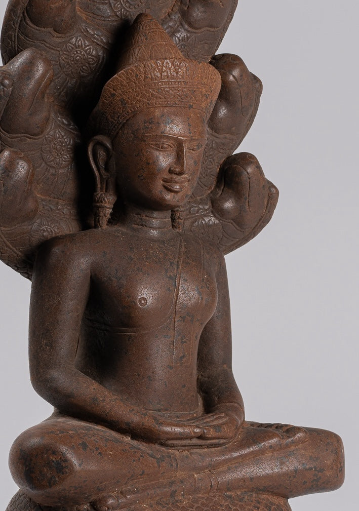 Buddha Statue - Antique Bayon Style Khmer Stone Seated Naga Meditation Buddha - 55cm/22"
