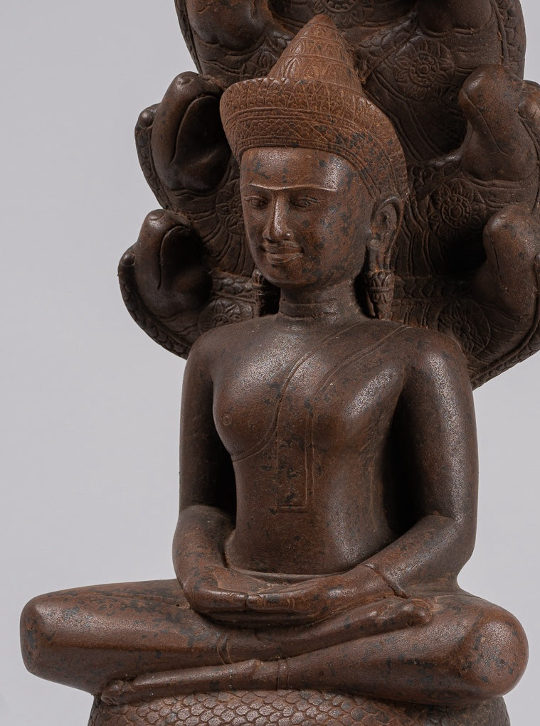 Buddha Statue - Antique Bayon Style Khmer Stone Seated Naga Meditation Buddha - 55cm/22"