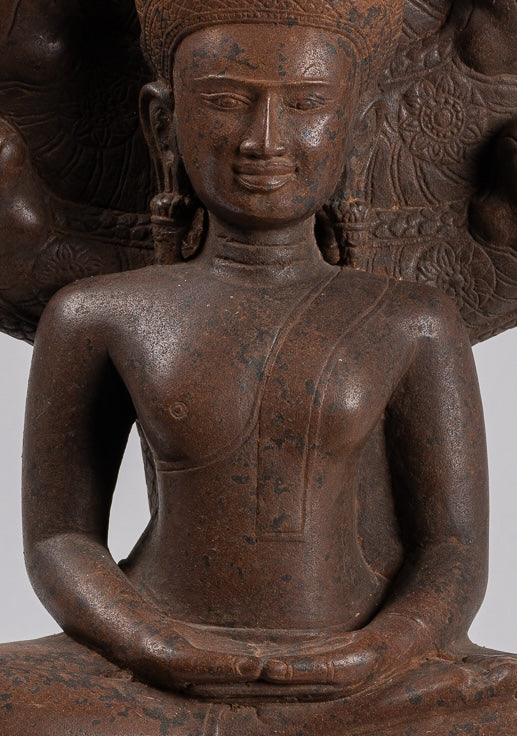 Buddha Statue - Antique Bayon Style Khmer Stone Seated Naga Meditation Buddha - 55cm/22"