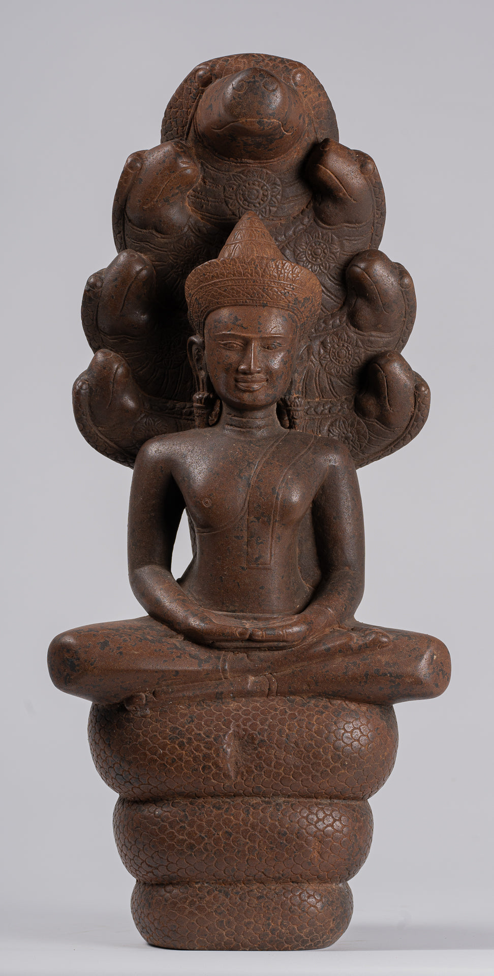 Buddha Statue - Antique Bayon Style Khmer Stone Seated Naga Meditation Buddha - 55cm/22"