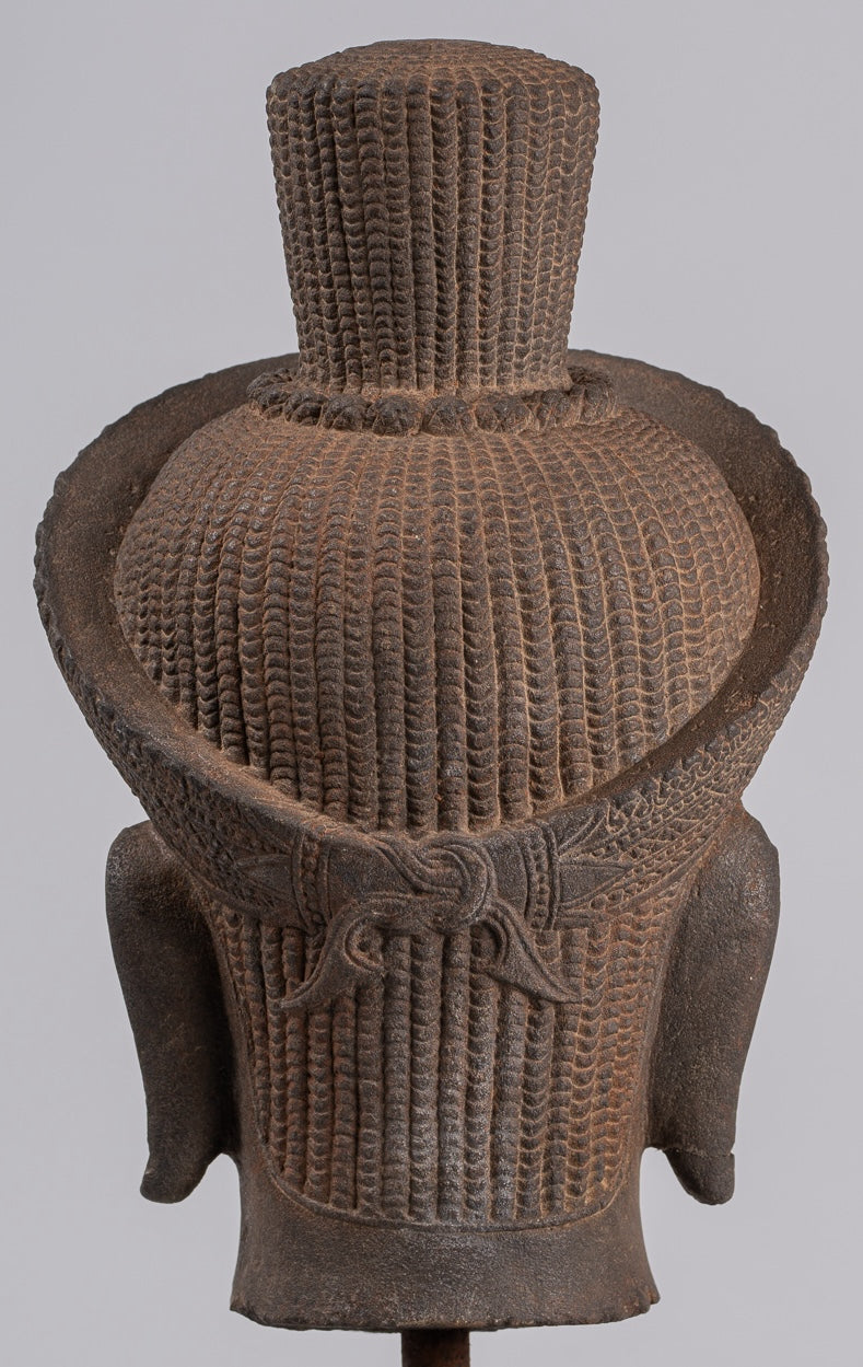 Vishnu Statue - Antique Koh Ker Style Stone Mounted Khmer Vishnu Head - 44cm / 18"