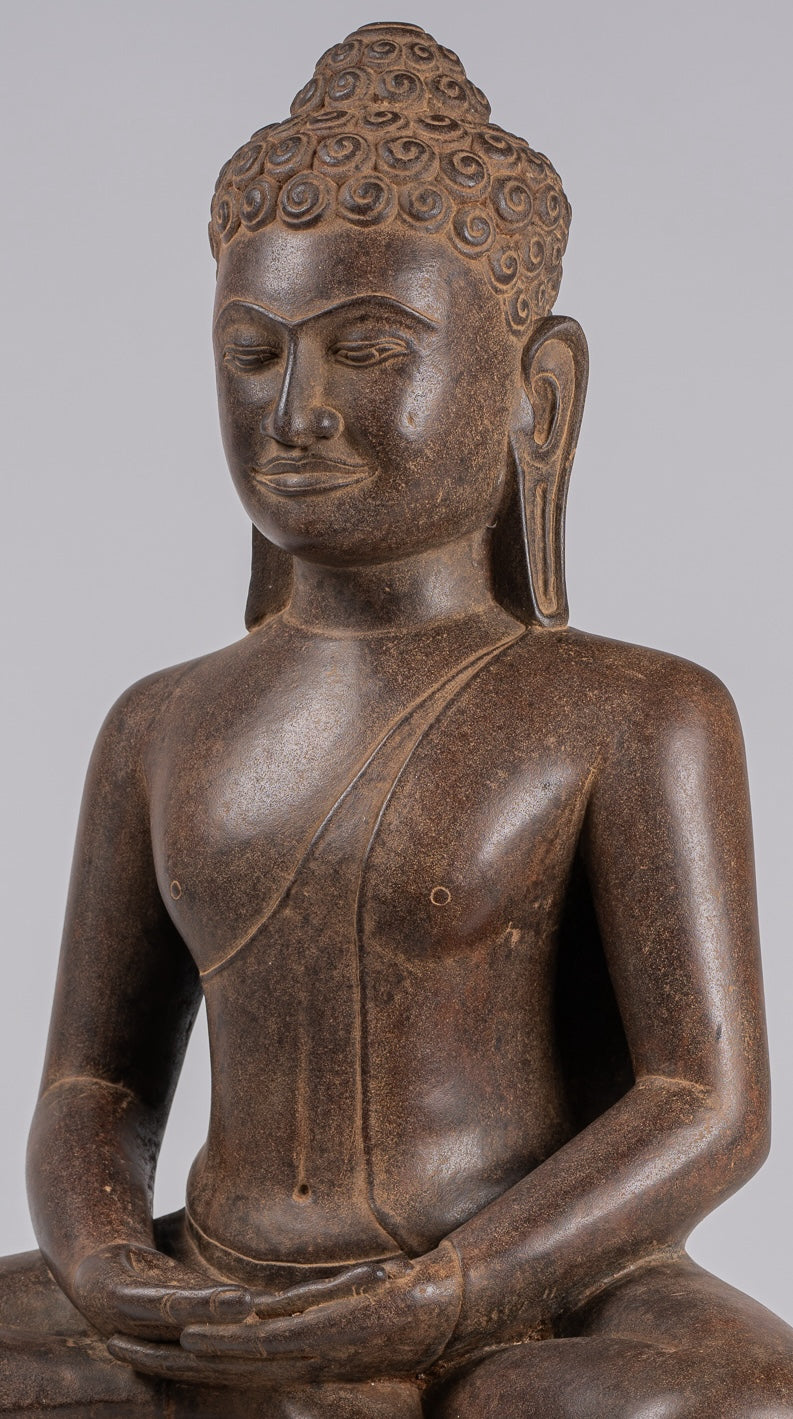 Large Buddha Statue - Antique Khmer Style Seated Stone Phnom Da Meditation Buddha Statue - 56cm/22"