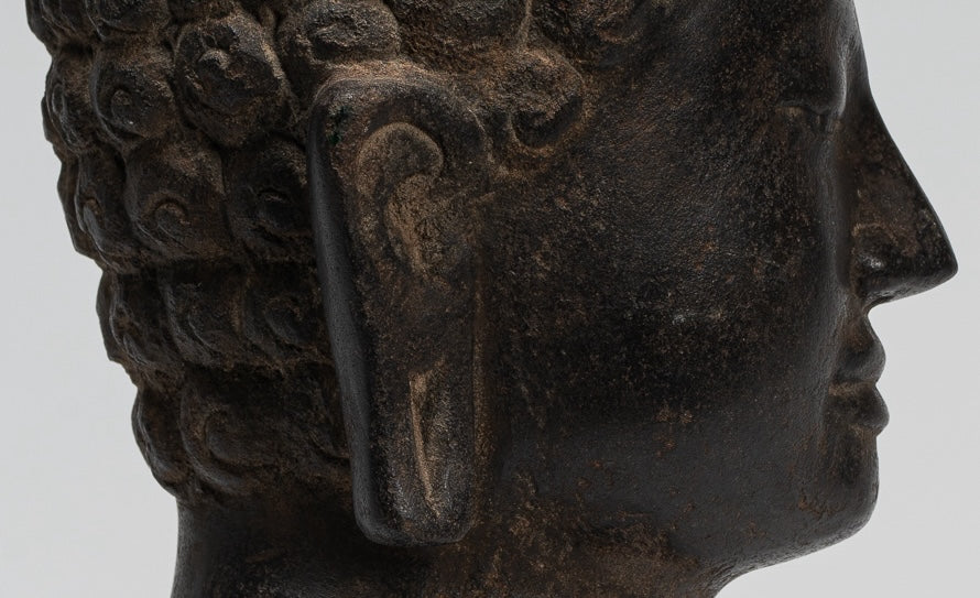 Buddha Statue - Antique Dvaravati Style Thai Stone Buddha Head Statue - 22cm/9"