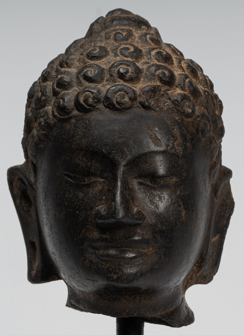 Buddha Statue - Antique Dvaravati Style Thai Stone Buddha Head Statue - 22cm/9"
