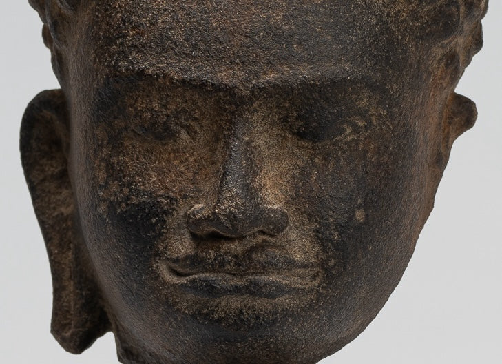 Stone Buddha Statue - Antique Khmer Style Stone Phnom Da Buddha Head - 23cm/9"