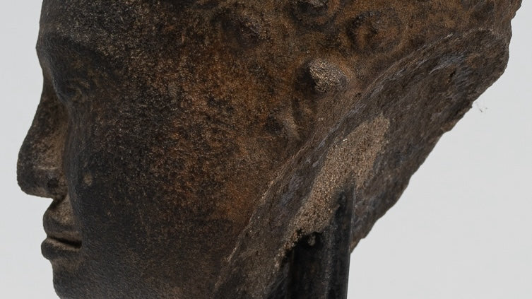 Stone Buddha Statue - Antique Khmer Style Stone Phnom Da Buddha Head - 23cm/9"