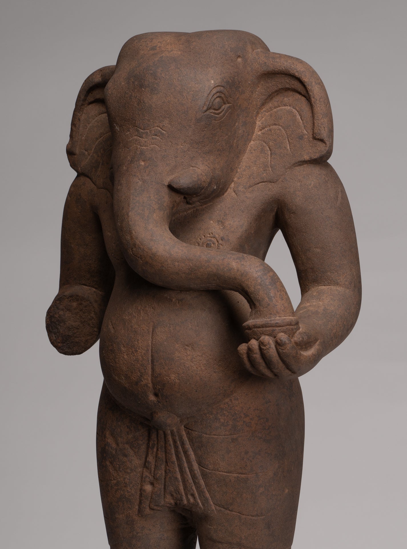 Ganesha Statue - Antique Vietnamese Style Stone Cham Mounted Ganesha Torso Statue - 67cm/27"