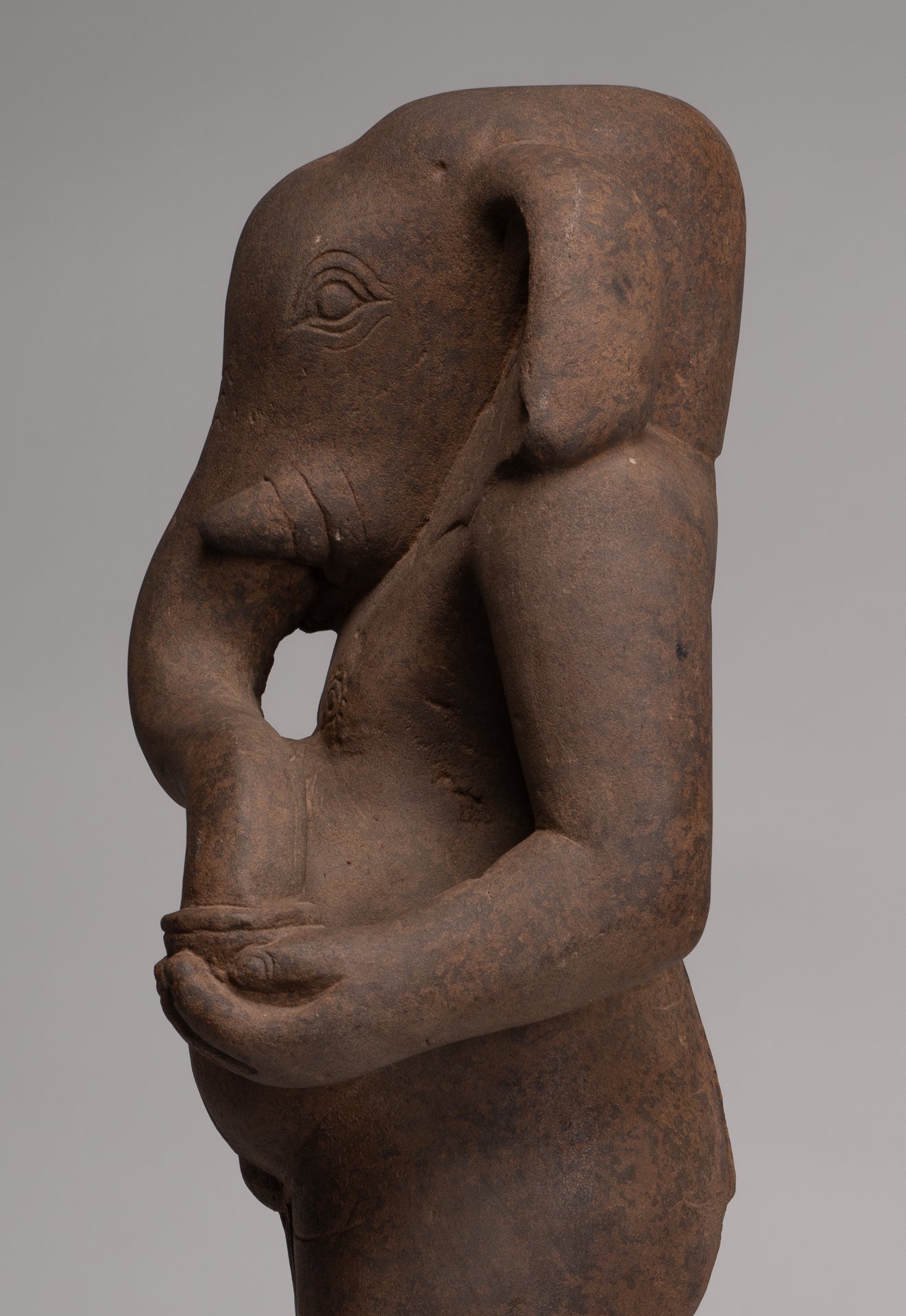 Ganesha Statue - Antique Vietnamese Style Stone Cham Mounted Ganesha Torso Statue - 67cm/27"