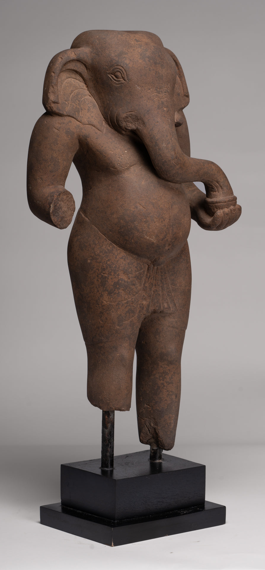 Ganesha Statue - Antique Vietnamese Style Stone Cham Mounted Ganesha Torso Statue - 67cm/27"