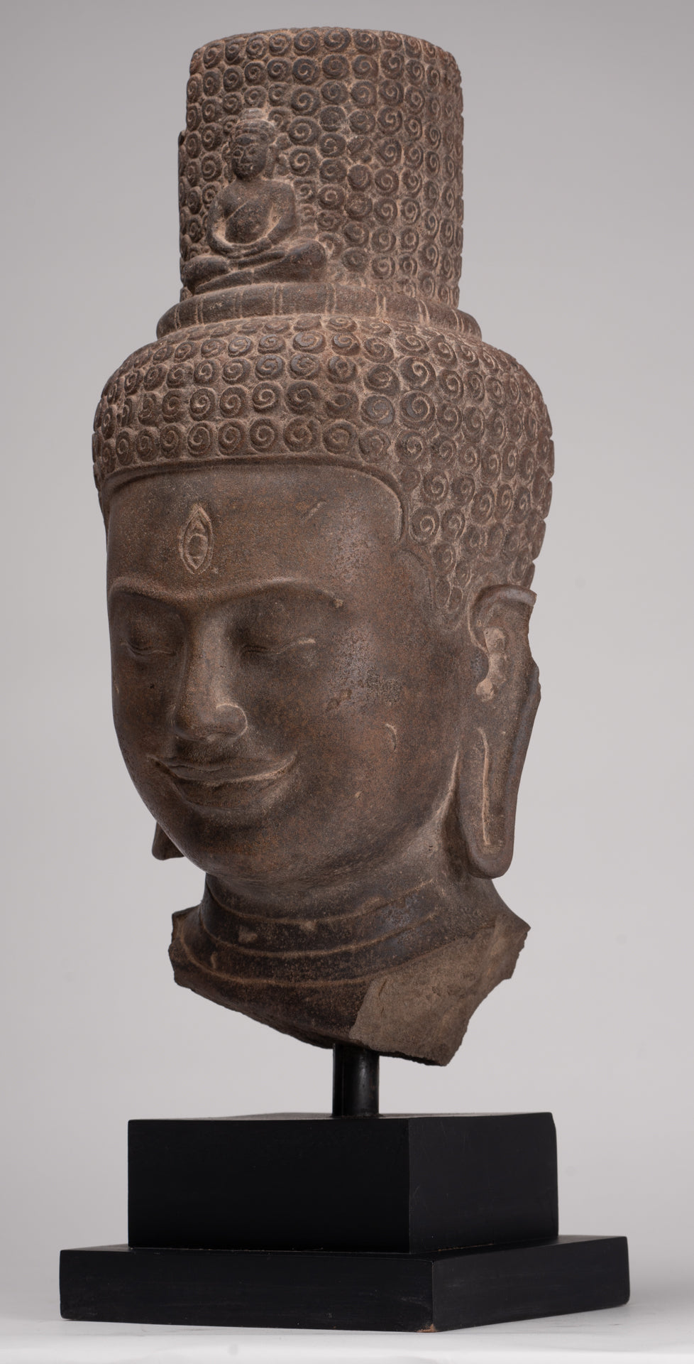 Lokeshvara Statue - Antique Khmer Style Mounted Stone Bayon Style Lokeshvara Head - 48cm/19"