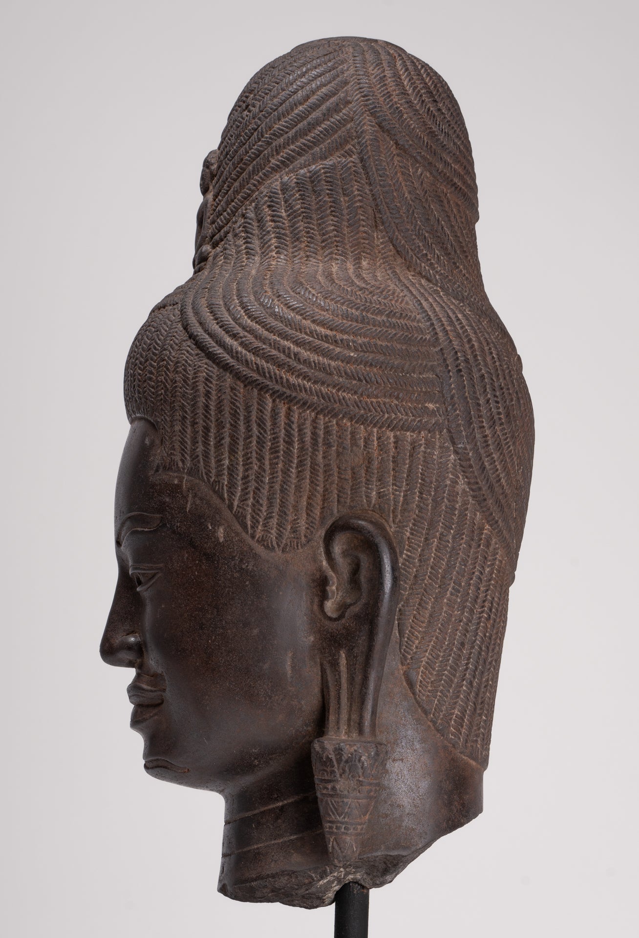 Lokeshvara Statue - Antique Khmer Style Mounted Stone Baphuon Style Lokeshvara Head - 55cm/22"