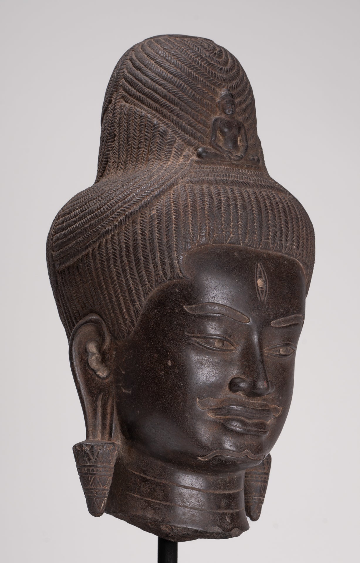 Lokeshvara Statue - Antique Khmer Style Mounted Stone Baphuon Style Lokeshvara Head - 55cm/22"