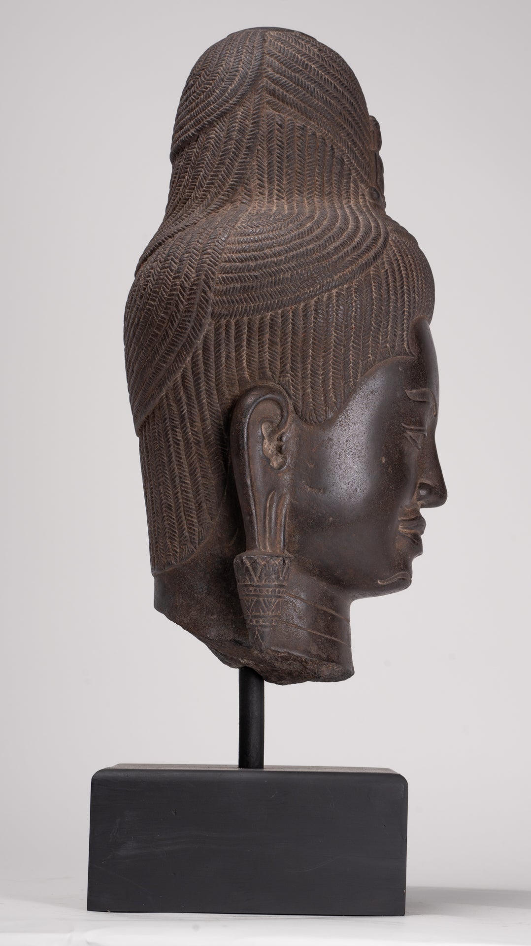 Lokeshvara Statue - Antique Khmer Style Mounted Stone Baphuon Style Lokeshvara Head - 55cm/22"