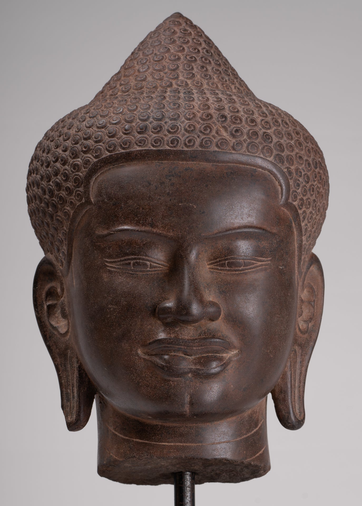 Buddha Statue - Antique Pre-Angkor Style Mounted Stone Khmer Buddha Head - 55cm/22" Tall