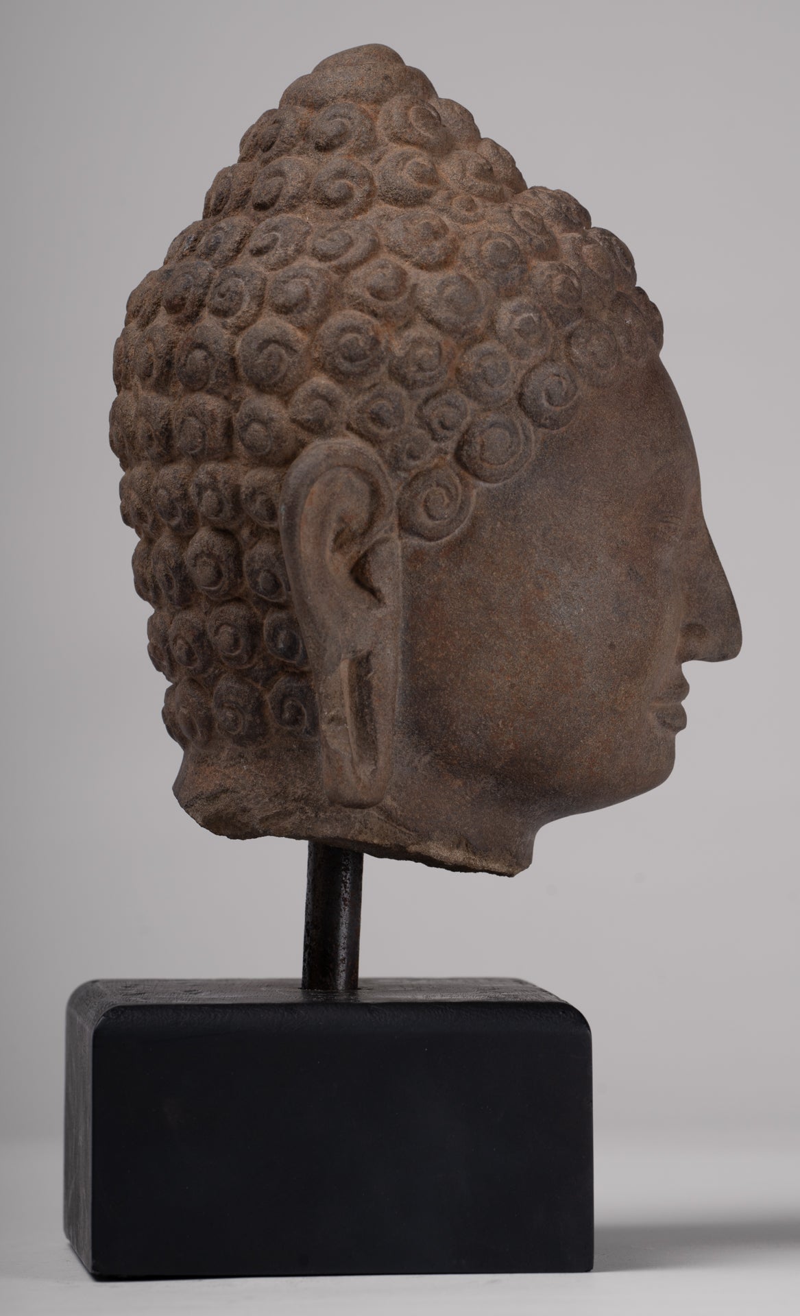 Buddha Statue - Antique Phnom Da Style Mounted Stone Khmer Buddha Head - 26cm/10" Tall