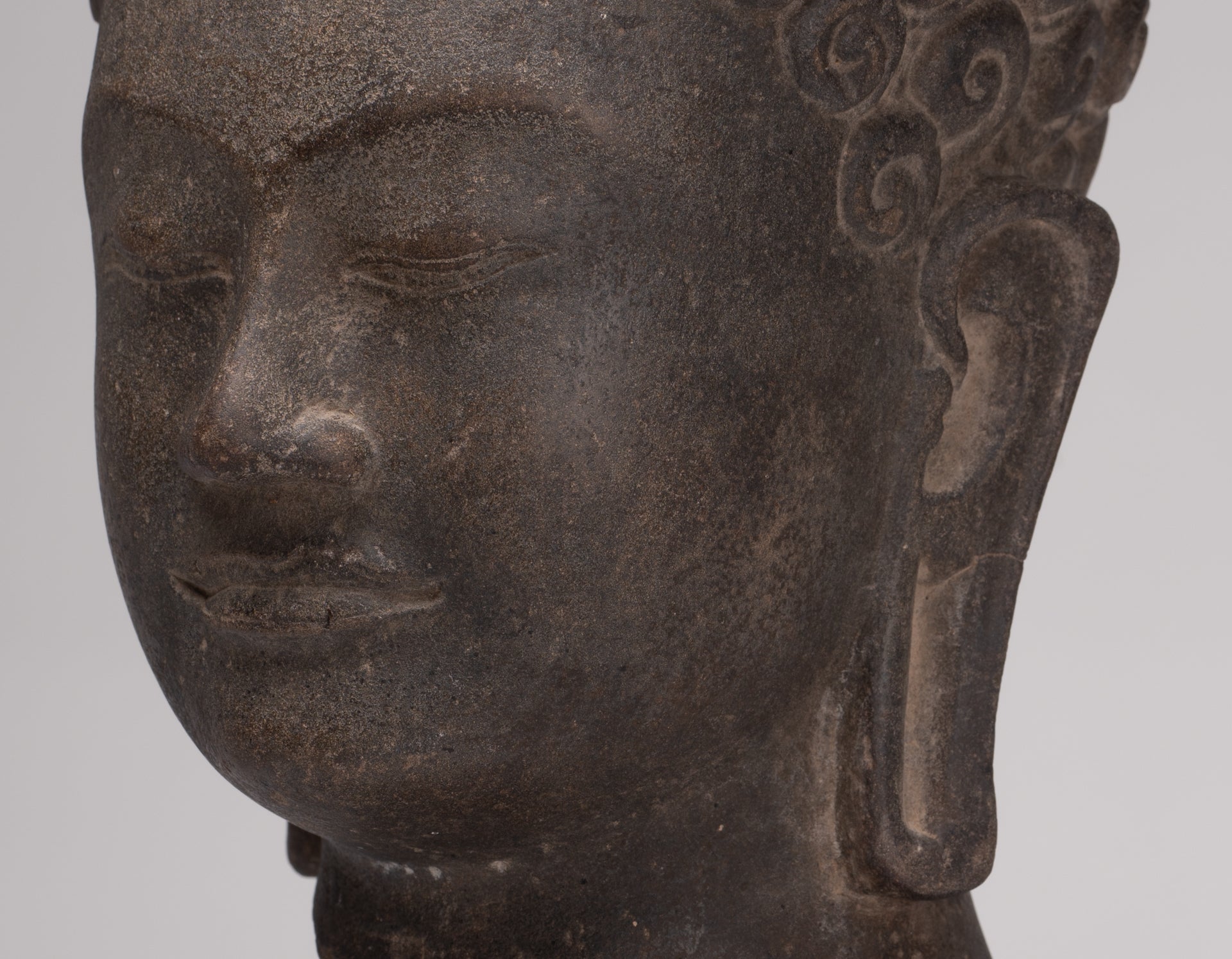 Stone Buddha Statue - Antique Khmer Style Stone Phnom Da Buddha Head - 34cm/14"