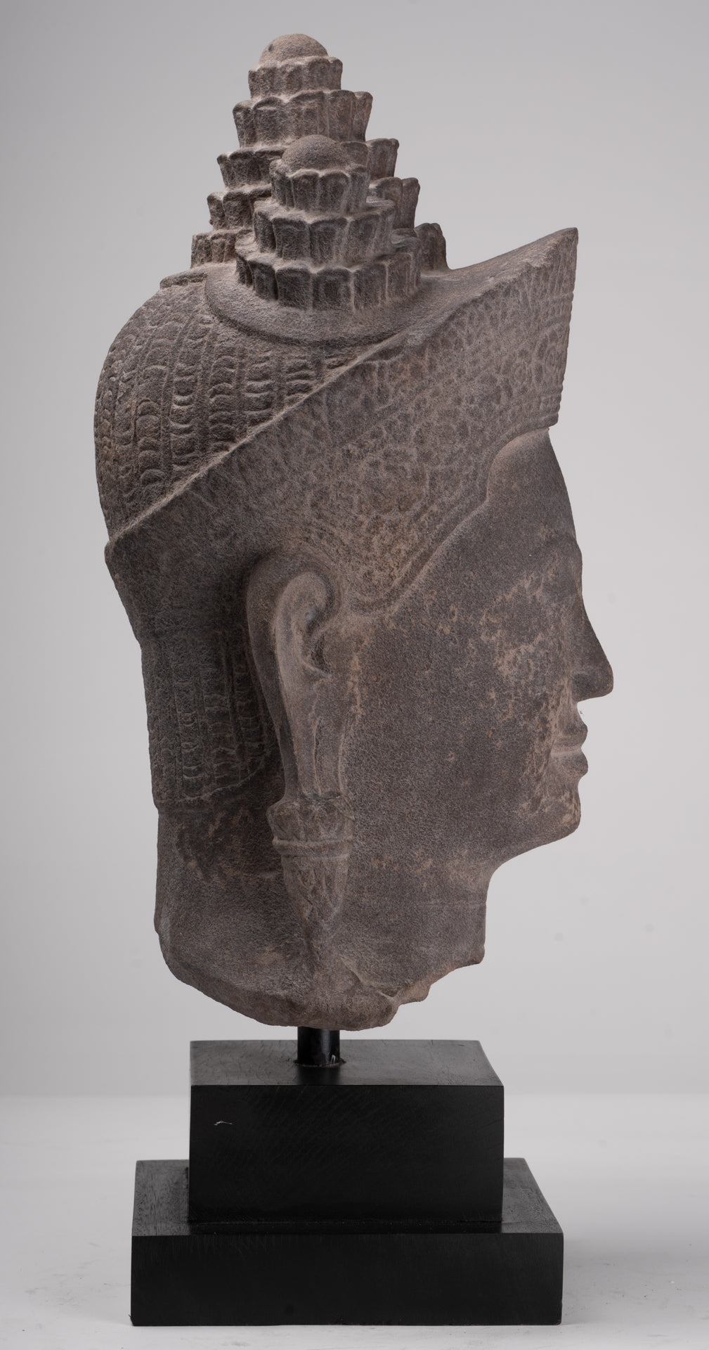 Jayavarman Statue - Antique Khmer Style Mounted Stone Jayavarman VII Head Statue - 53cm/21"