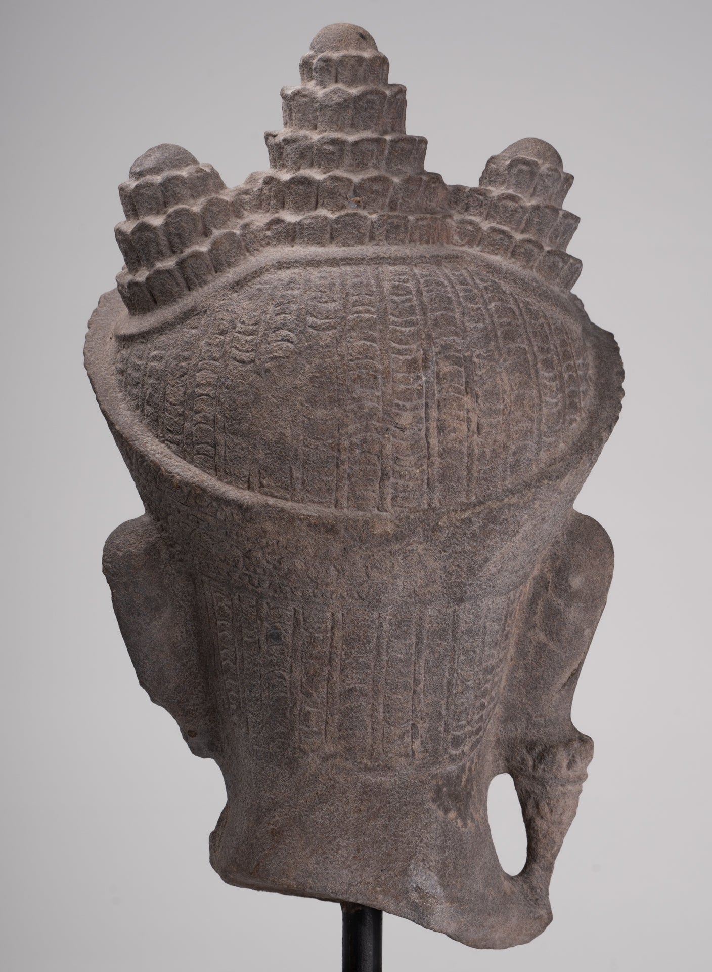 Jayavarman Statue - Antique Khmer Style Mounted Stone Jayavarman VII Head Statue - 53cm/21"