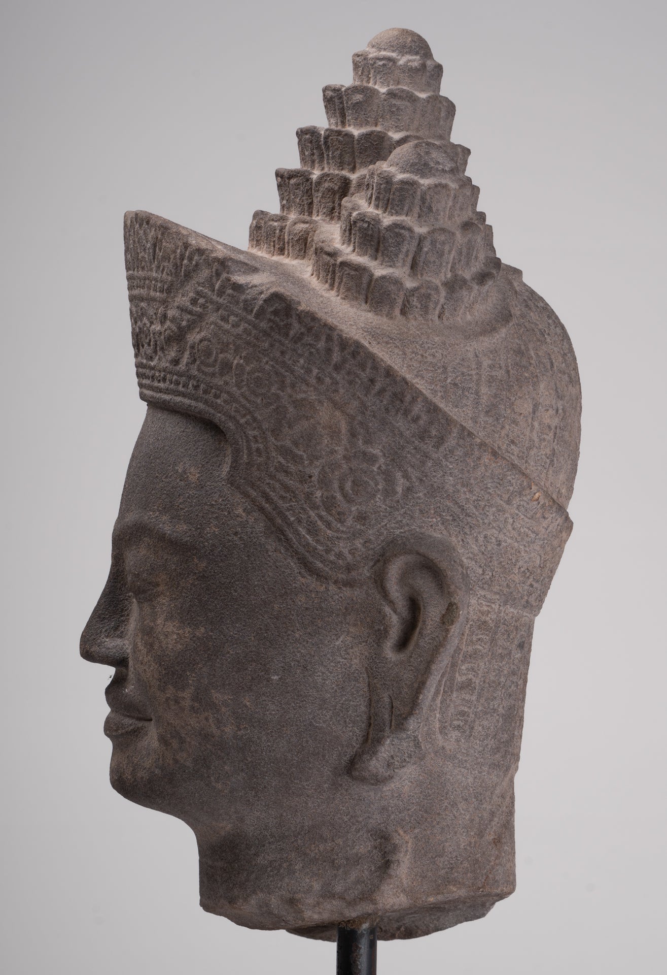Jayavarman Statue - Antique Khmer Style Mounted Stone Jayavarman VII Head Statue - 53cm/21"