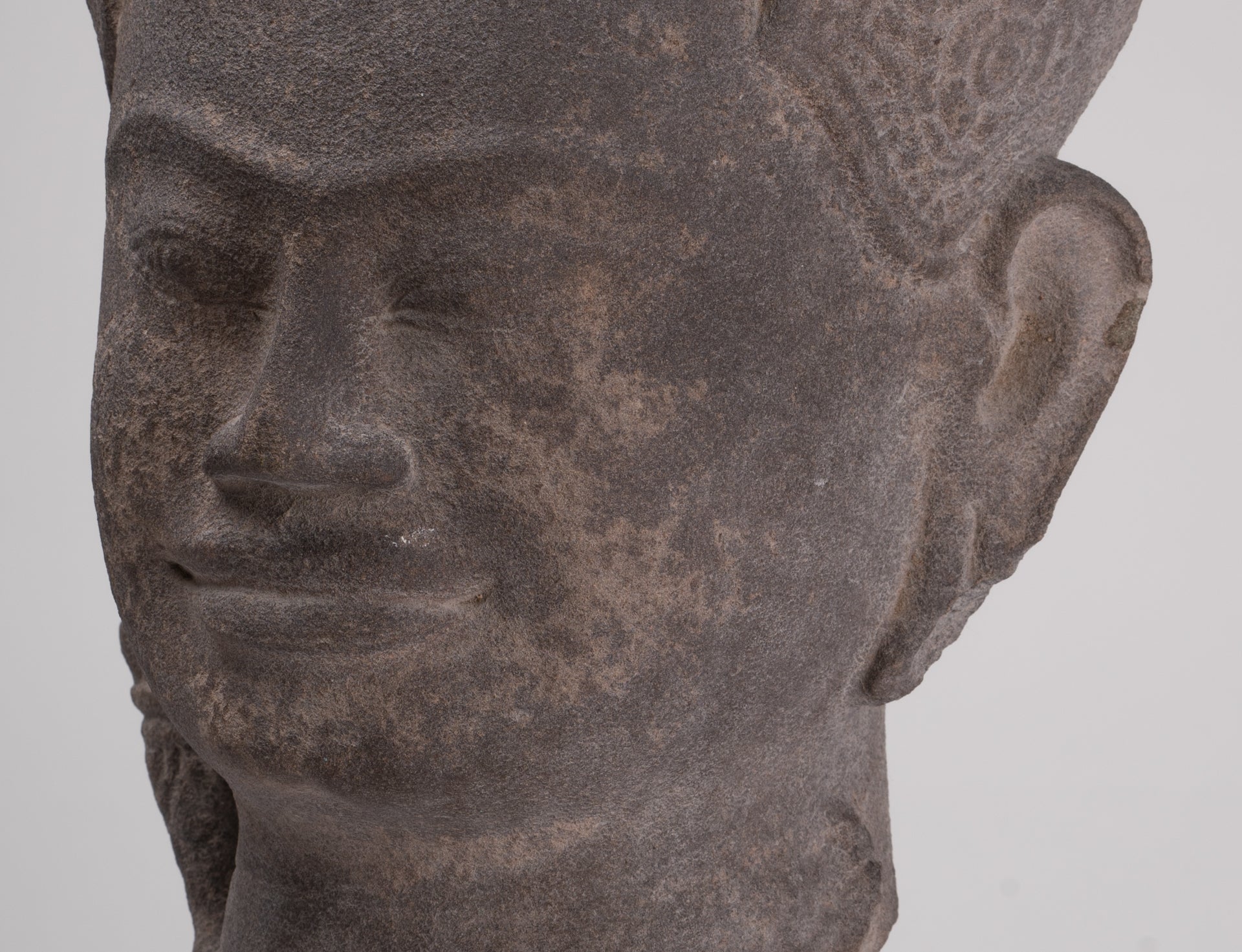 Jayavarman Statue - Antique Khmer Style Mounted Stone Jayavarman VII Head Statue - 53cm/21"