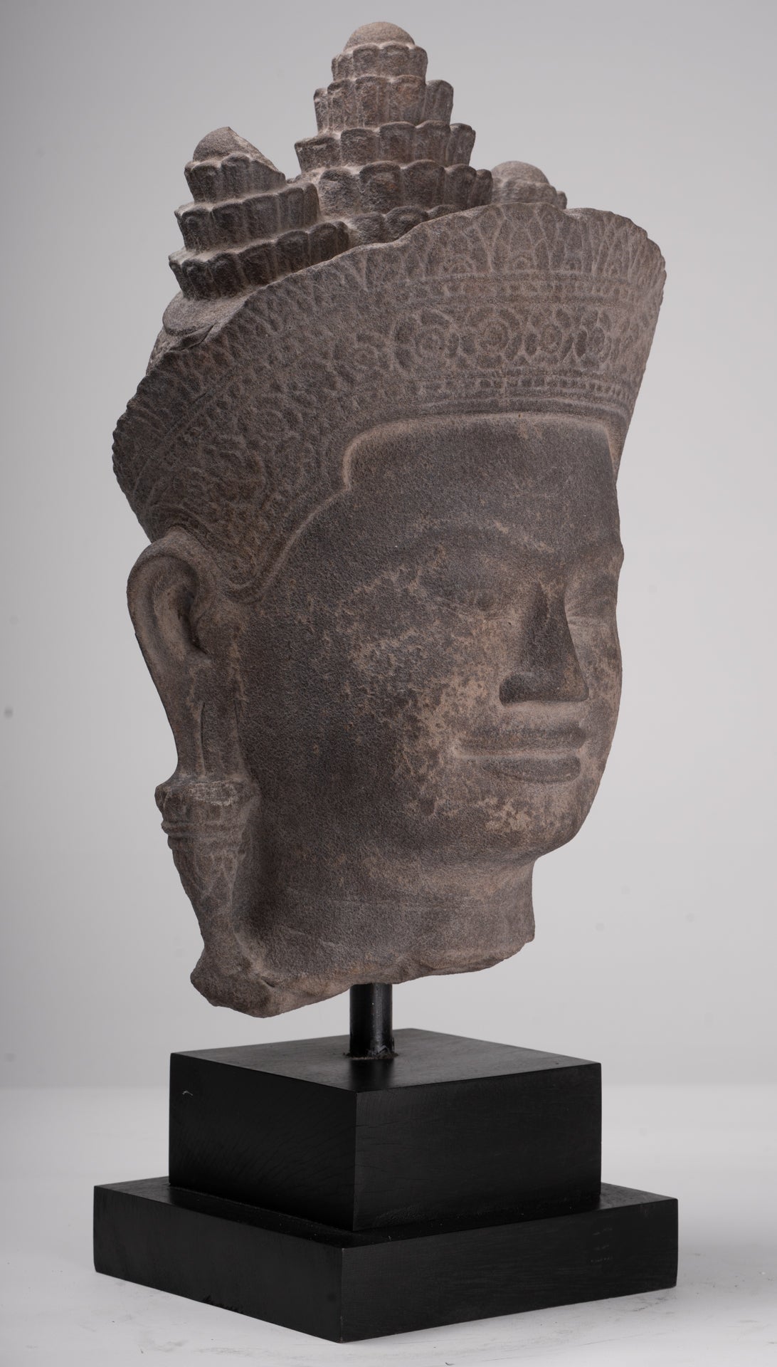 Jayavarman Statue - Antique Khmer Style Mounted Stone Jayavarman VII Head Statue - 53cm/21"
